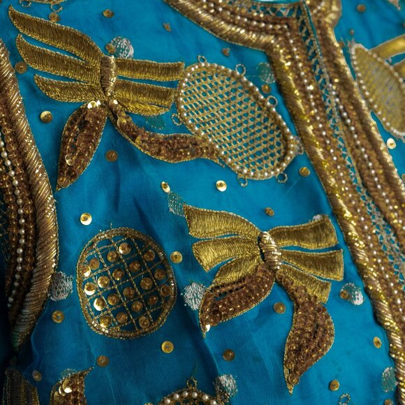 Vintage 80s Silk Beaded Jacket Boho Hippie Blue Highly Embellished Evening Coat - Picture 5 of 16